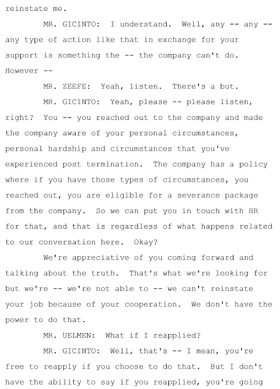 Why was Uelmen passing on his chat logs and information to Tesla? Apart from wanting to do the right thing, he had also been recently fired.In proper form, Tesla refuses any sort of quid-pro-quo to reinstate him (as improper). Also, the investigators have no access to HR files.