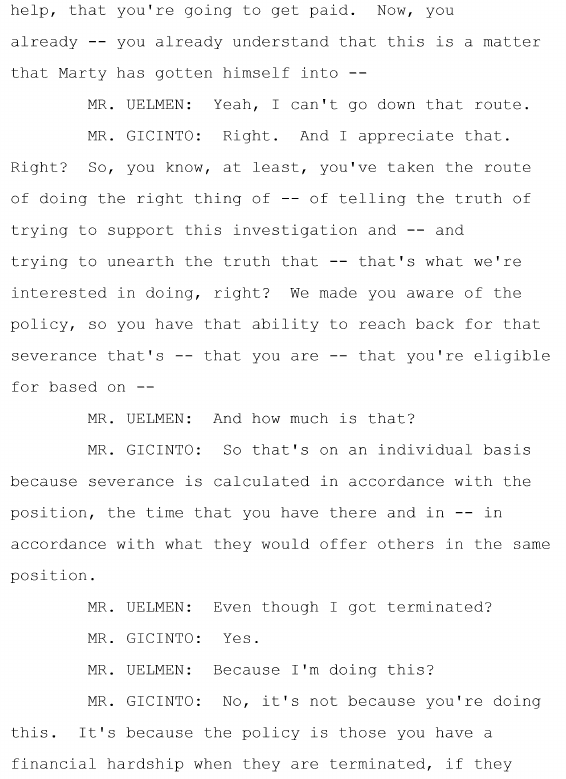 Why was Uelmen passing on his chat logs and information to Tesla? Apart from wanting to do the right thing, he had also been recently fired.In proper form, Tesla refuses any sort of quid-pro-quo to reinstate him (as improper). Also, the investigators have no access to HR files.