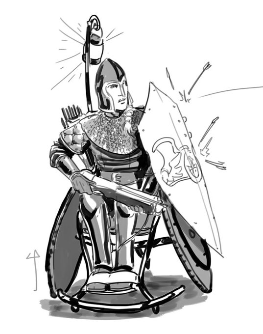 A greyscale drawn image of a wheelchair using warrior deflecting arrows with her shield. In her other hand she holds a crossbow.