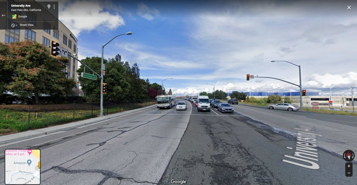 For context: Palo Alto's median household income is $157k, and the city is just 7% Black or Latinx. The neighboring city of *East* Palo Alto has a median household income of $65k and is 74% Black or Latinx. Here's a photo of the highway overpass that divides the two.