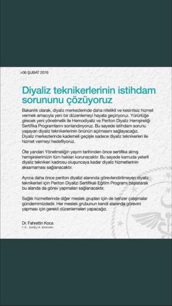 <a href="/drfahrettinkoca/">Dr. Fahrettin Koca</a> Bunu da hatırlatmak istiyoruz biz hala 81 puanla atanamadik Diyaliz Teknikerleri hala mağdur sayın Bakanım <a href="/drmfk25/">Dr.Fatih Kacıroğlu</a> @diyatekder