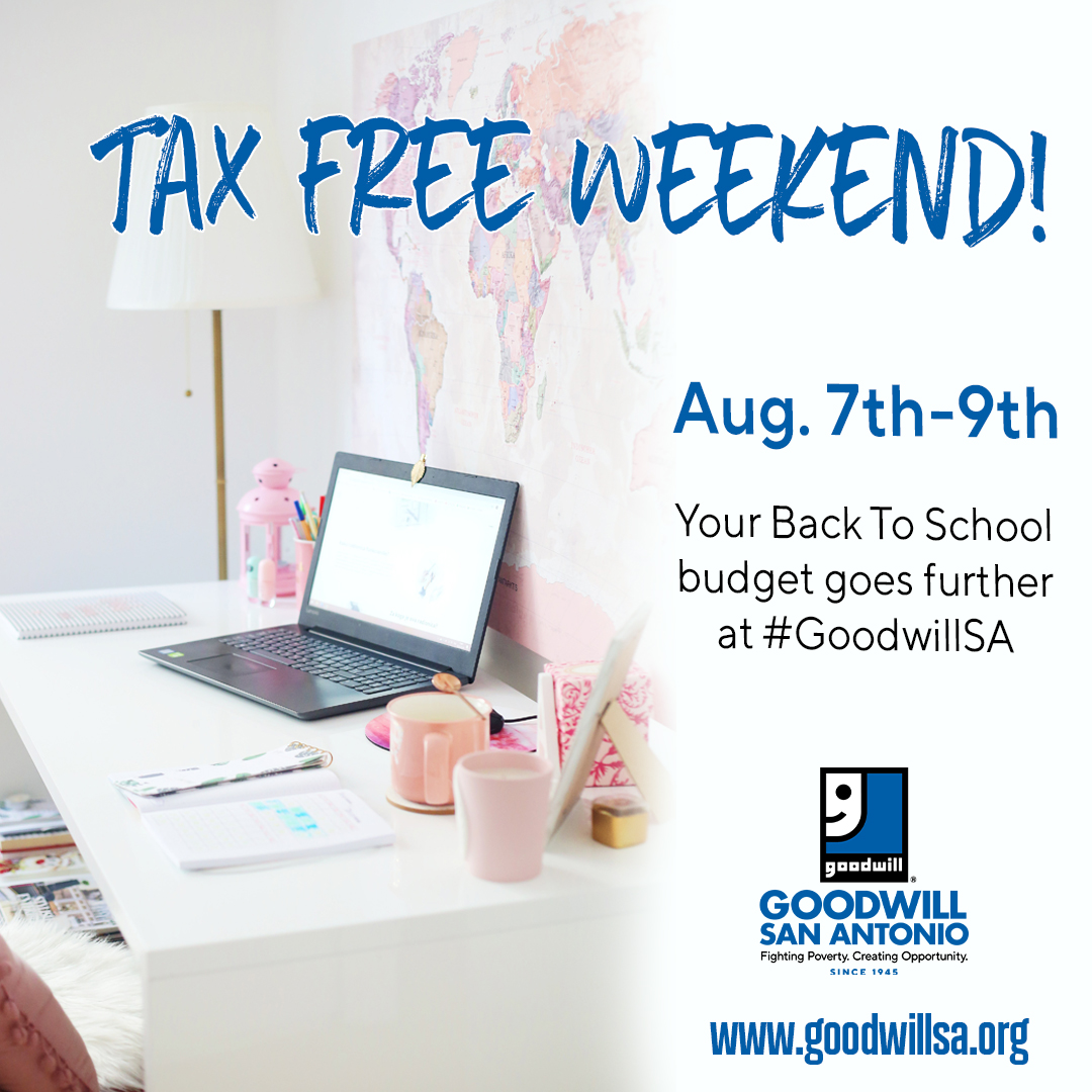 Tax-free weekend alert! Your Back To School budget goes further at #GoodwillSA 
Plus when you shop with us your supporting free job placement, career training and youth services programs for our San Antonio community. 

#TaxFreeWeekend #Texas