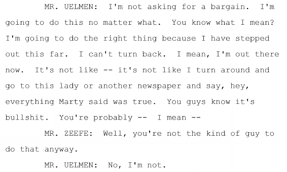 Let's be clear about the stuff that Tripp is feeding Linette, and what he wants Uelmen to "back up": He's lying.And he wants Uelmen to lie for him, too.