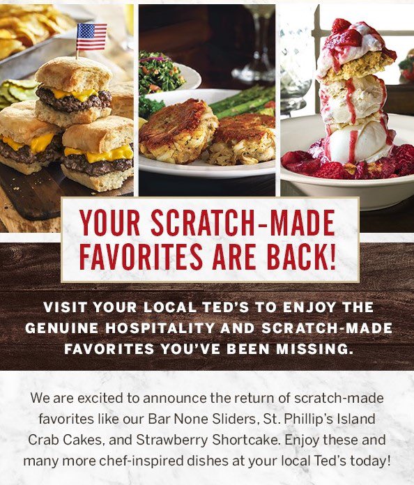 ShopEW's tweet photo. Have you been missing your favorite Ted’s dishes? Several dishes have returned to the menu like their St. Phillips Island Crab Cakes, Bar None Sliders, Strawberry Shortcake and many more! https://t.co/XO5fMCn8pc