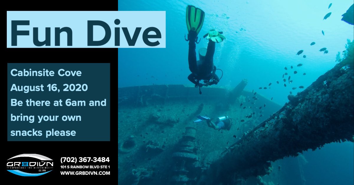 Gr8Divn702's tweet photo. Sunday, August 16, meet us at Cabinsite Cove at 6am for some awesome fun dives! Be there to beat the crowd and have some fun with us! Non-divers are welcome to come too, so bring the whole family. Give us a call to let us know you're coming! 💙🐬🌊🌎🤿💚 https://t.co/Vek84X6KqL