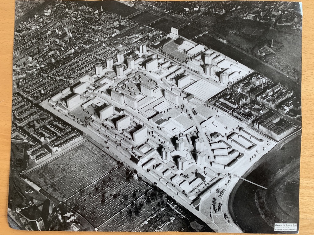 This pair includes an aerial photo of the original Hutchesontown / Gorbals, and then a model of the redevelopment collaged in highlighting the proposed shift away from the existing tenemental urban grain...