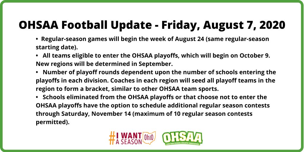 #OHSAA FOOTBALL 🏈 - The 2020 season will be adjusted if games are approved by the Governor and Ohio Department of Health. The Board of Directors voted 9-0 to accept the proposal, which gives schools the best chance to have a season, if approved. 
ohsaa.org/news-media/art…