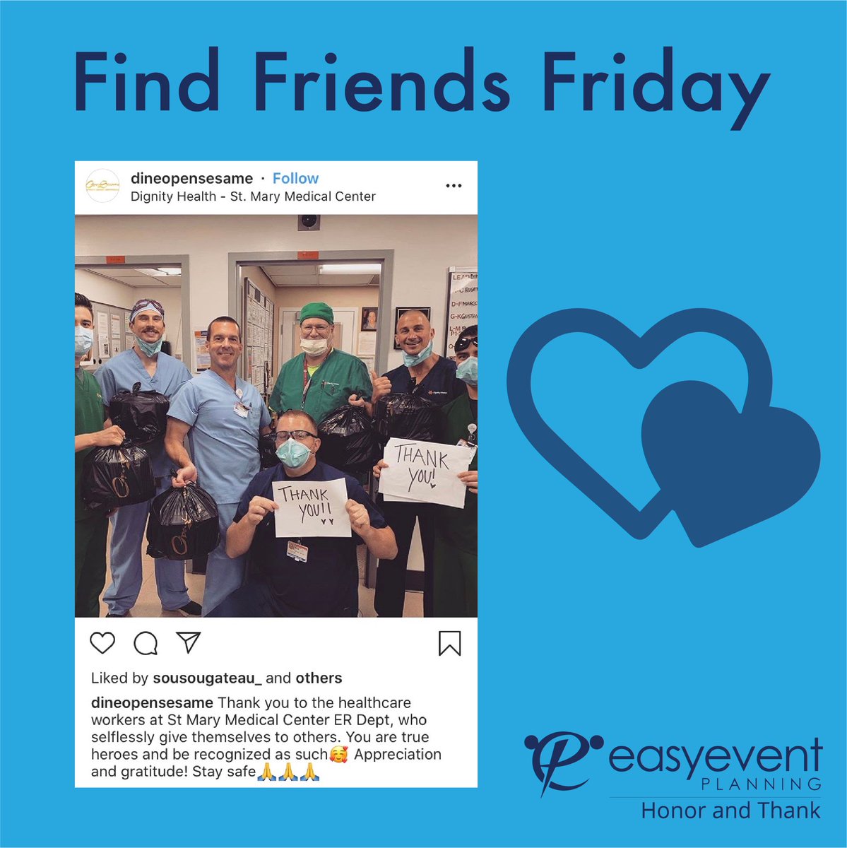 EasyEventPlan's tweet photo. @dineopensesame donated food to the hard working healthcare workers at St. Mary Medical Center! Show your gratitude to doctors and nurses at https://t.co/pzZXaKOdGG. #thankyou #healthcareworkers #HealthcareHeroes #honorandthank #coronavirus #COVID19 #Doctors #nurses https://t.co/XKw8dLVh0L
