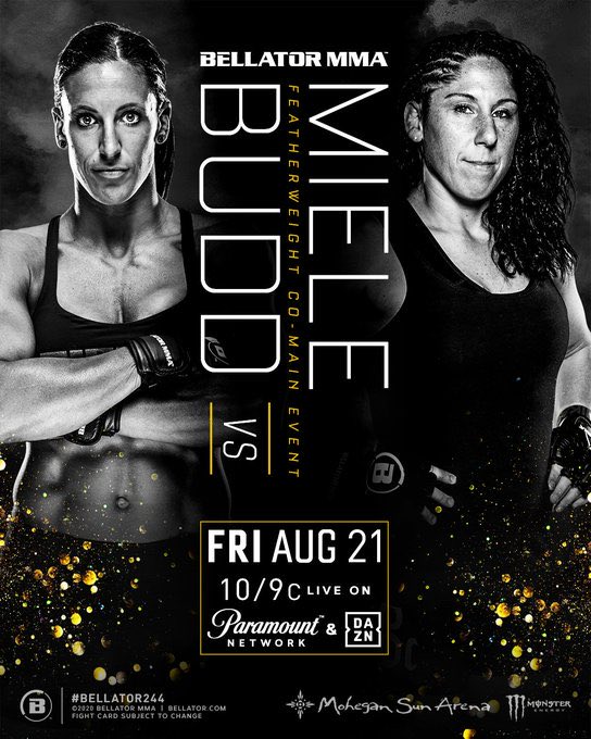 Bellator 244 Aug. 21 adds @JuliaBudd vs <a href="/jessymiele/">Jessy Miele</a> - will co-main the event #Wmma