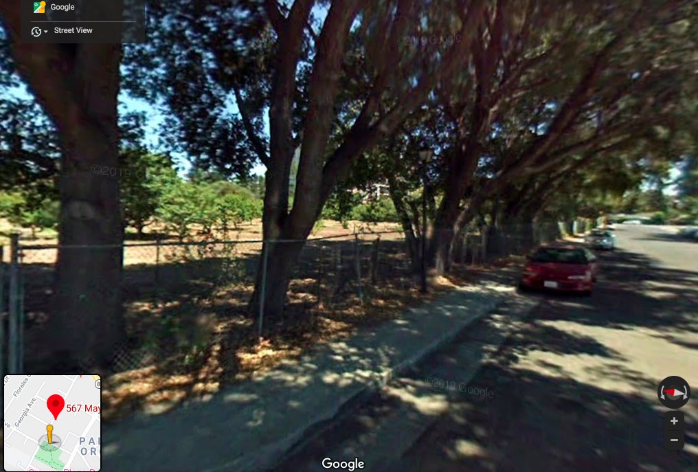 This is an archived Google Maps photo of the Maybell Orchards property in 2011, a holdover from when Silicon Valley used to be farmland. It had been fenced off and inaccessible to the public for a long time.