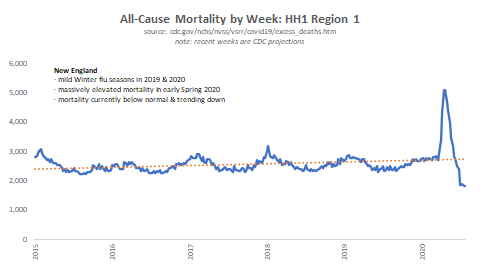 New England shows an obvious uptick in deaths from Covid, with peak week fatalities 65% higher than even a bad flu year. Deaths, however, quickly returned to normal and now appear to be at record lows: evidence that Covid deaths are primarily pull-foward?