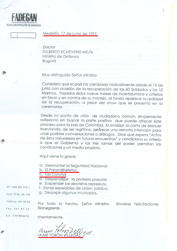 JuanPoe's tweet photo. Aquí esta la carta del 17 de junio de 1997 que le envía Jaime Tobón Villegas al entonces Gobernador Álvaro Uribe y al Ministro de Defensa Gilberto Echeverry. En esa misiva este ganadero expresa que en un proceso de paz, no se puede desmontar el paramilitarismo ni las Convivir. https://t.co/gp6Cv5pByH