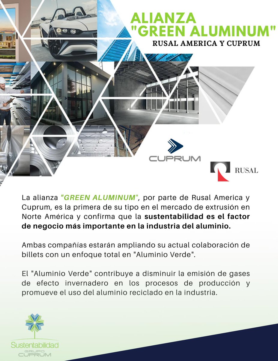 Comprometidos con el medio ambiente Rusal America y Cuprum anuncian alianza ''Green Aluminum''
#UnidosLogramosCosasInalcanzables #SustentabilidadGrupoCuprum.
