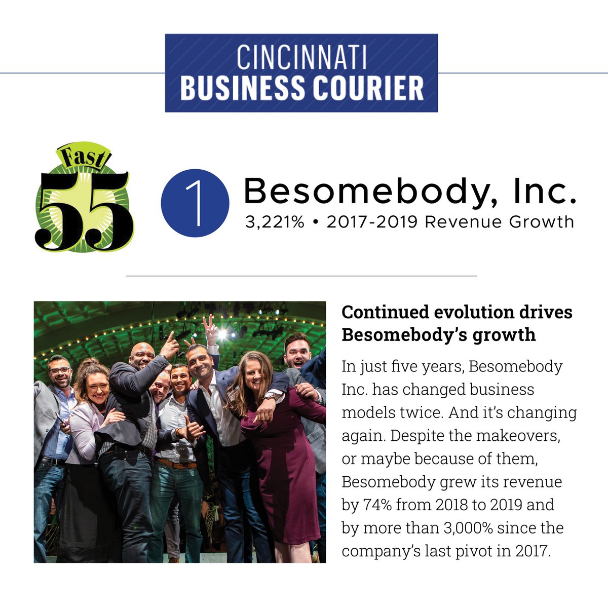 Herbie's tweet photo. Congratulations to @Kash_Shaikh and our entire @besomebodyblog team for being recognized by the @BusinessCourier as the fastest growing company in Cincinnati! I’m so grateful to be a part of the journey and surrounded by such an amazing team. #Fast55 #besomebody. https://t.co/4VWLKiPewh