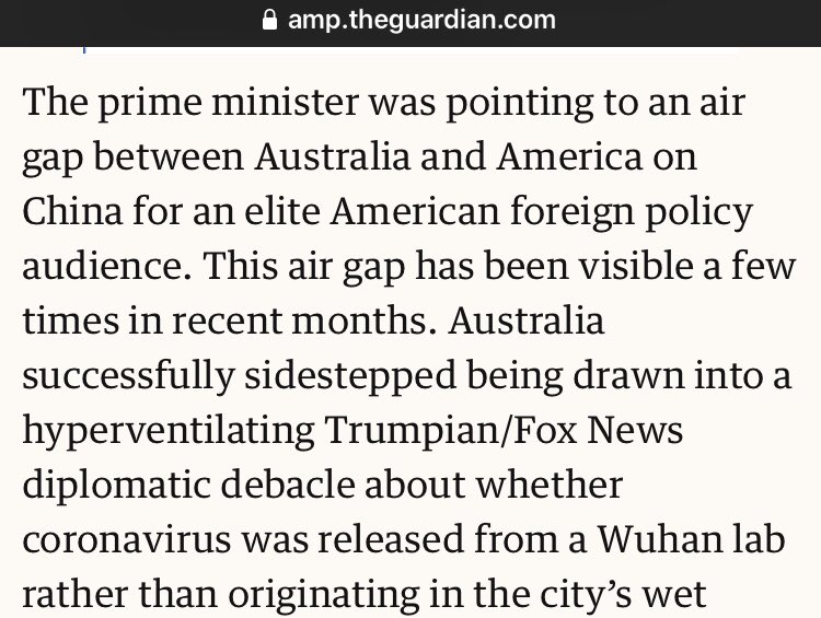 he blustered and blundered into the call for a virus origin inquiry which the EU could have done, or the US do its own dirty work, causing Chinese tariff retaliation and an uptick in racist attacks on Chinese Australians.And is praised for... being less Trumpian than Trump.