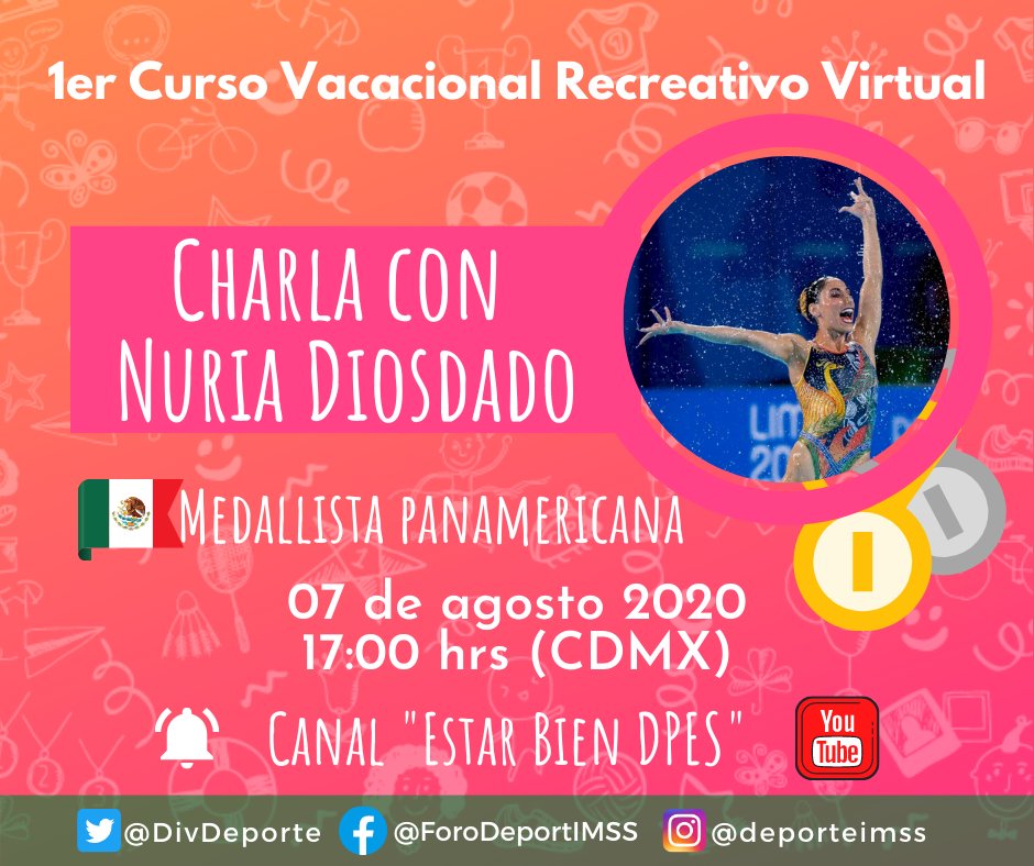 DIVDeporte's tweet photo. Te esperamos hoy a partir de las 17:00hrs (CDMX) en el canal de YouTube "Estar Bien DPES" donde tendremos una charla de "Historias de éxito" del #CVRV2020 con la capitana del equipo mexicano de natación  @NuriaDiosdado 🏊‍♀️🏊‍♂️🏊‍♀️
#IMSSDeporte #DivDeporte #EstarBien https://t.co/2thLCVg3Sb