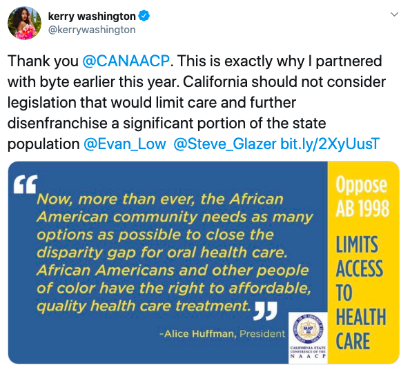 DentalCoalition's tweet photo. Thank you @kerrywashington for speaking out against the harmful impacts of #AB1998 👏👏 https://t.co/nTf3fjXwdN