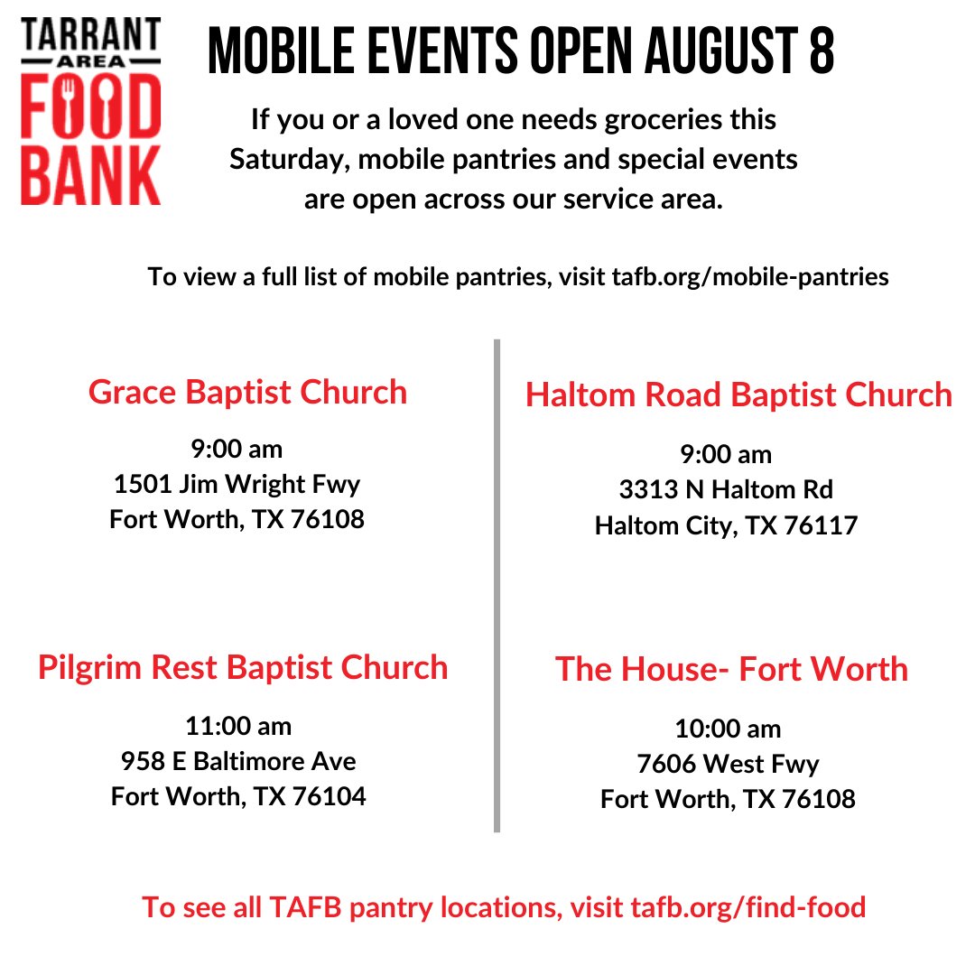 TAFoodBank's tweet photo. We have 12 mobile events that will be open and distributing food tomorrow, August 8. If you need food this weekend, please visit one of these events, or go to https://t.co/4siRoNQZ4L for more information on receiving food assistance. https://t.co/pEnUz32PcJ