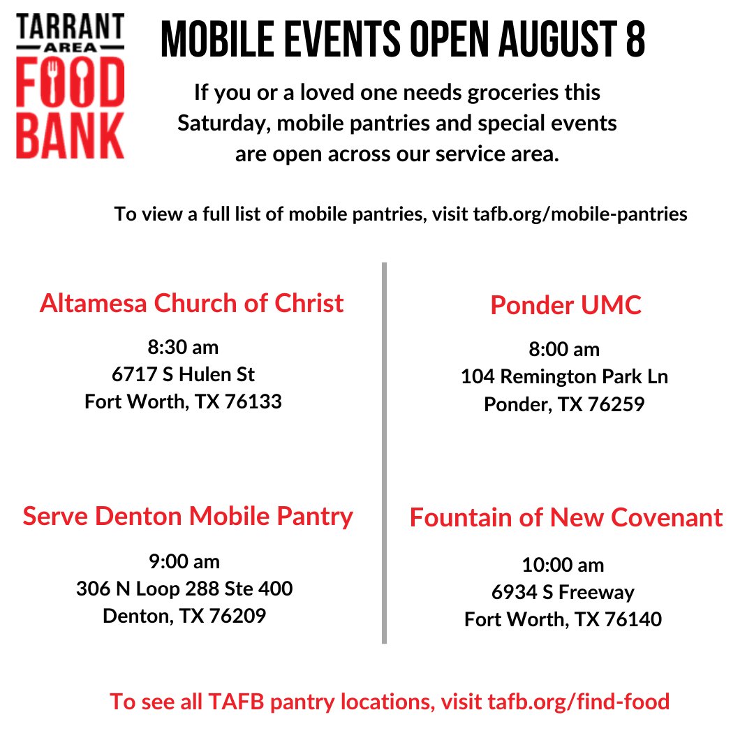 TAFoodBank's tweet photo. We have 12 mobile events that will be open and distributing food tomorrow, August 8. If you need food this weekend, please visit one of these events, or go to https://t.co/4siRoNQZ4L for more information on receiving food assistance. https://t.co/pEnUz32PcJ