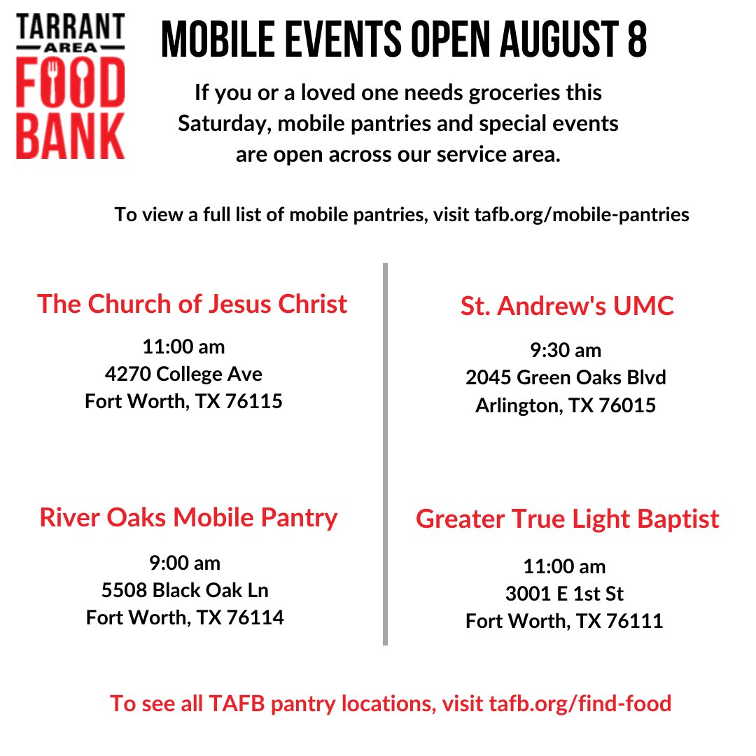 TAFoodBank's tweet photo. We have 12 mobile events that will be open and distributing food tomorrow, August 8. If you need food this weekend, please visit one of these events, or go to https://t.co/4siRoNQZ4L for more information on receiving food assistance. https://t.co/pEnUz32PcJ