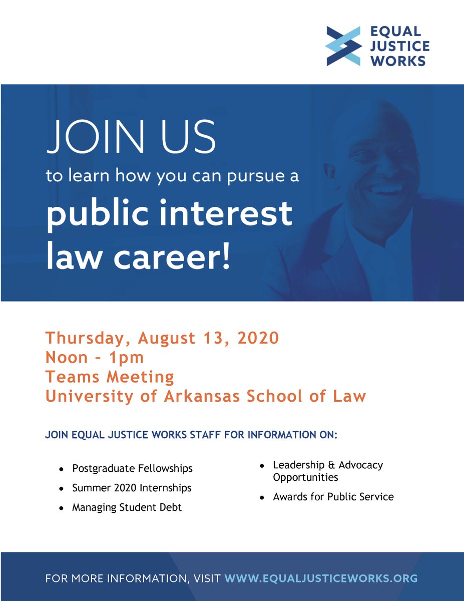 Are you are a #UARKLaw student who wants a public interest law career? Join us for a conversation next week with Equal Justice Works staff to talk postgraduate fellowships, summer internships, managing debt, leadership and advocacy opportunities, and awards for public service!