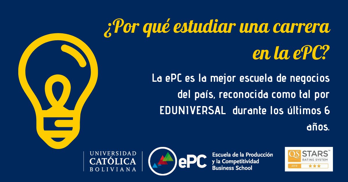 ePC_UCB's tweet photo. Ven a la #ePC, la mejor Escuela de Negocios del país.
Todo el proceso de inscripción y admisión se puede realizar en línea.
Más información vía Whatsapp: 78828009 ó 62552103
O llena el siguiente formulario:
https://t.co/JS99cZIZEs
#ePCSolidaria #ePCDual #ePCFlex https://t.co/9tpKBoF4rO