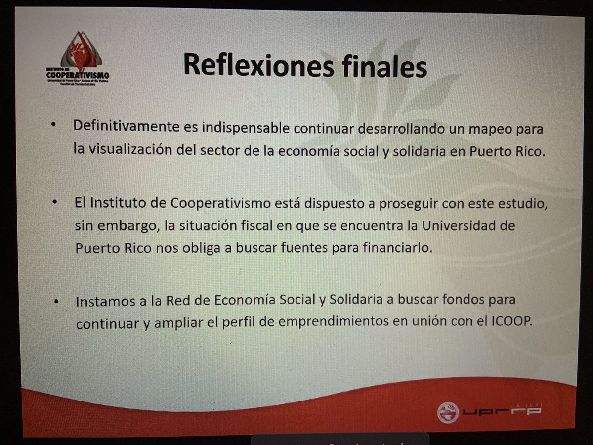 RedESSPR's tweet photo. Reflexiones finales del estudio del perfil de empresas solidarias del @icoopuprrp #ESSPR #ESSPR2020 https://t.co/2CXvIE7VCI