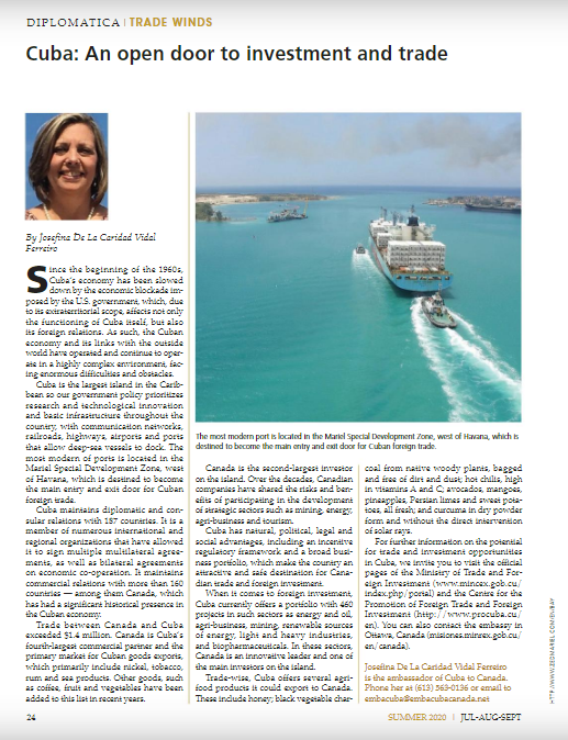 EmbacubaCanada's tweet photo. Don't miss the article ''Cuba 🇨🇺: An open door to investment and trade'' on Diplomat & International Canada 🇨🇦. #DiplomatMagazine
👉https://t.co/0nAZ7CEl17 https://t.co/25KLk3h85G