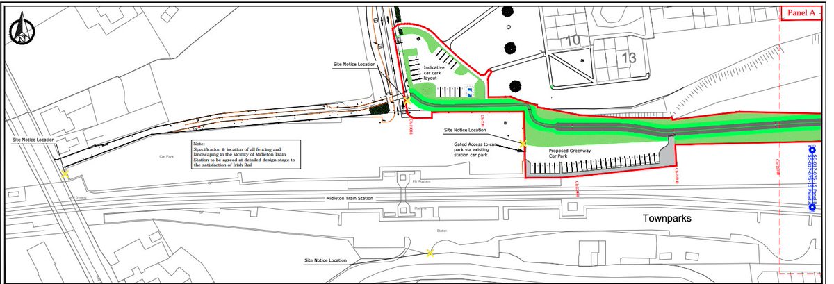 The issues for me start with - as usual - joined up thinking. Here are the indicative plans for where the greenway terminates in Midleton train station (just to the north of the station). In a car park, and a new car park.