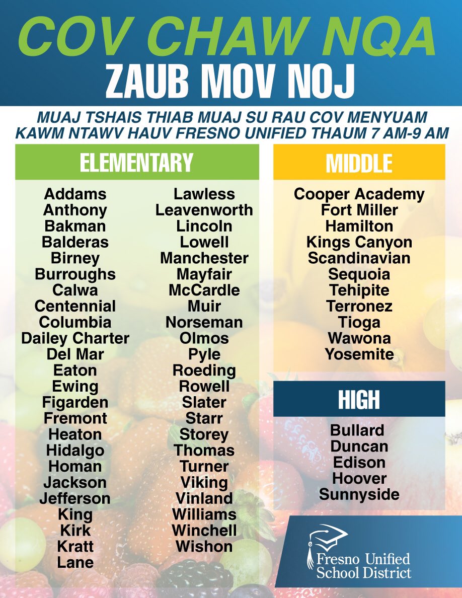 fresnounified's tweet image. STARTING AUGUST 17th, breakfast and lunch will be served at the following 63 school sites on a grab-and-go basis from 7am-9am on weekdays. Please share!