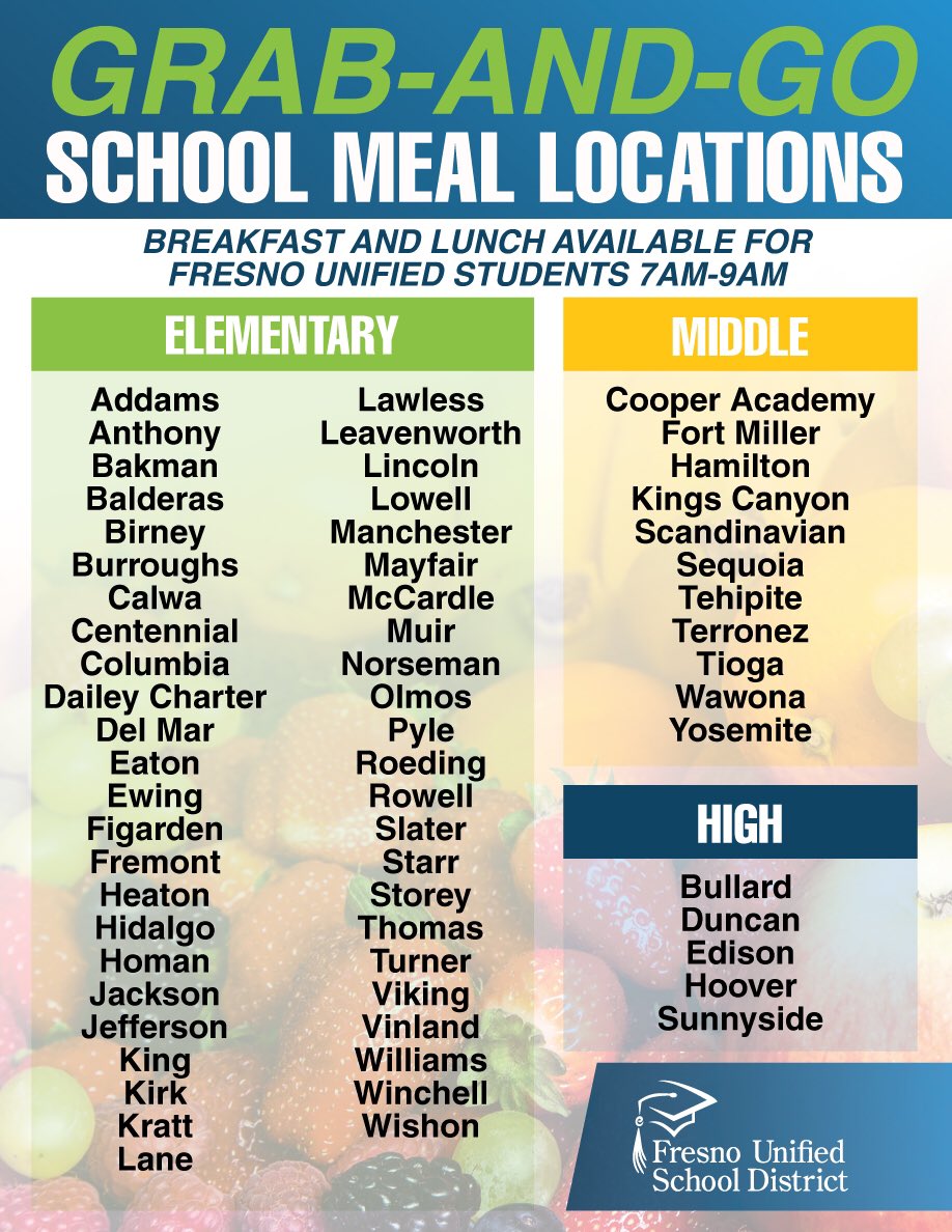 fresnounified's tweet image. STARTING AUGUST 17th, breakfast and lunch will be served at the following 63 school sites on a grab-and-go basis from 7am-9am on weekdays. Please share!