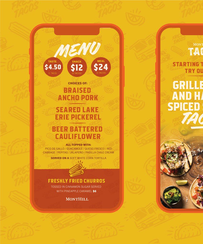 THouseStudios's tweet photo. We had a lot of fun with coming up with a brand for the delicious gourmet snacks that were sold at MontHill Golf &amp; Country Club’s Taco Truck this summer. Creating this identity included a logo, social media content, food photography, custom icons, patterns, and menus! 🌮🌮🌮 https://t.co/ko5yglXfZc