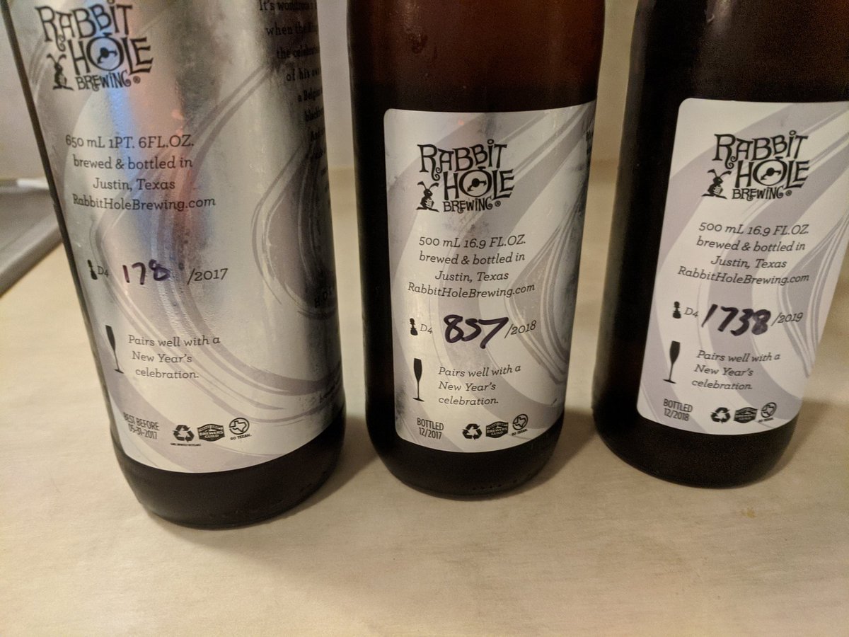 rawcraftbeer's tweet photo. Enjoying a vertical flight of @RabbitHoleBrew #HoleLangSyne #2017, #2018, #2019 #rip #drinkcraft #drinklocal #drinkdfw #drinktejas https://t.co/NvhogW8qj0
