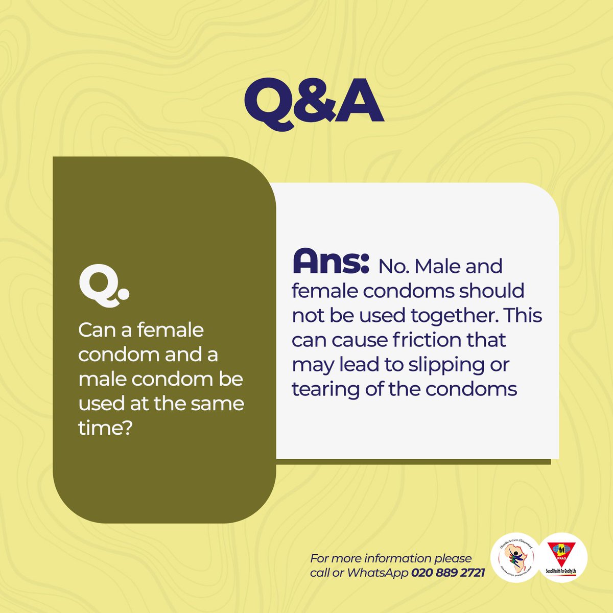 PPAGGhana's tweet image. When it comes to having SAFE SEX,it’s not about how many condoms you are able to use during one sexual act but that one condom you have used correctly. 

Female and Male condoms should not be used together during a sexual intercourse . #KnowYourFPMethod #sexualhealth