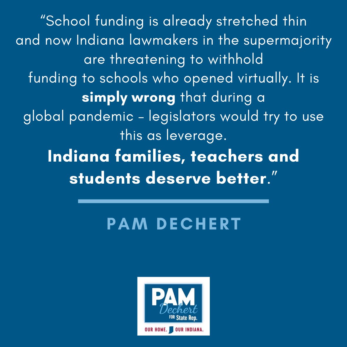 pam4indiana's tweet photo. Disappointed & frankly, angry, to see that Indiana lawmakers are threatening to cut funding to school systems that went virtual. It's simply wrong. We should be doing everything to support families, teachers, and staff NOT make it more difficult. #voteproeducation #pam4indiana https://t.co/QRI5VvPi9n