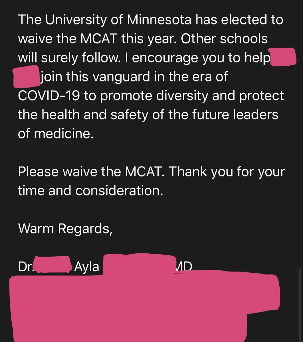I emailed the Dean of Admissions of my med school to encourage the board to #WaiveTheMCAT. 

It took 5 minutes. 

See my (admittedly imperfect) email below. I‘ll call him to follow up next week if I haven’t received a response.

#MedTwitter, please do the same.
