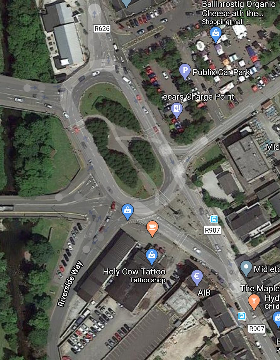 Try navigating this two lane roundabout nightmare to get from the greenway termination to, park your bike, spend your cash in the local restaurants, drink some whiskey and head back. No way. But do... park your... car in the new car park?