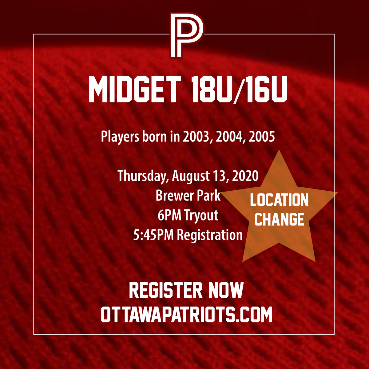 We are looking for competitive baseball players who want to play in a great league and develop their skills.  Register now at ottawapatriots.com for upcoming tryouts! Midgets/18U-16U at Brewer Park on August 13 and Bantams/14U at Tauvette Park on August 19.  See you there!