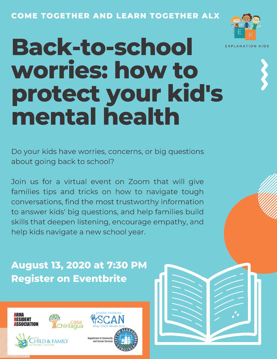 This school year is going to look far different than any before, and with that comes lots of worry (for teachers, students &amp; families alike!) I’ve been wondering how to address this with kids and am looking forward to this (free!) session on 8/13 at 7:30pm eventbrite.com/e/back-to-scho…