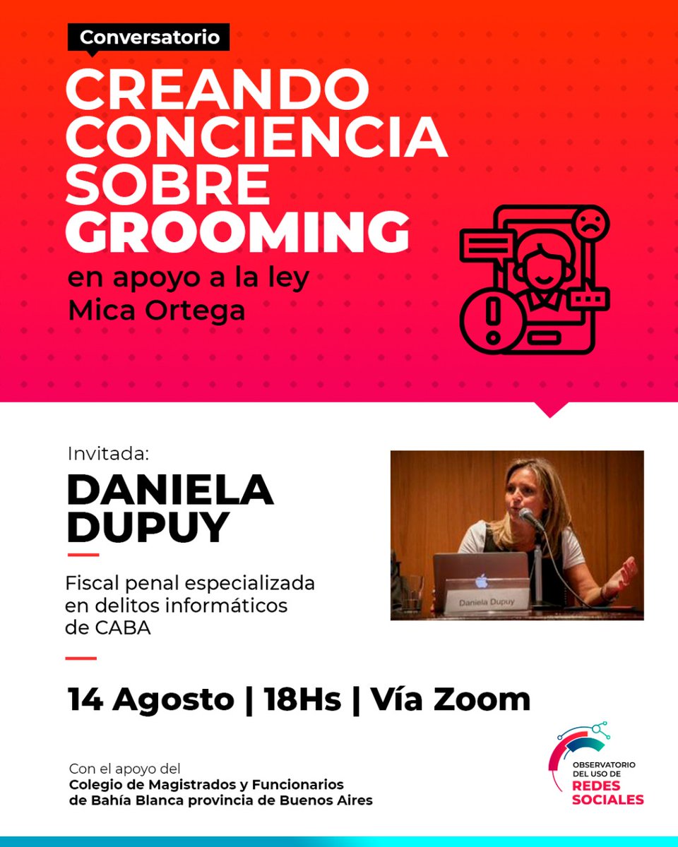 Seguimos diciendo #FrenáElGrooming 
Te invitamos a participar de este Conversatorio junto a la fiscal Daniela Dupuy
.
.
Anotate acá 👉🏼 forms.gle/nmHDsFsZeWiGdz…