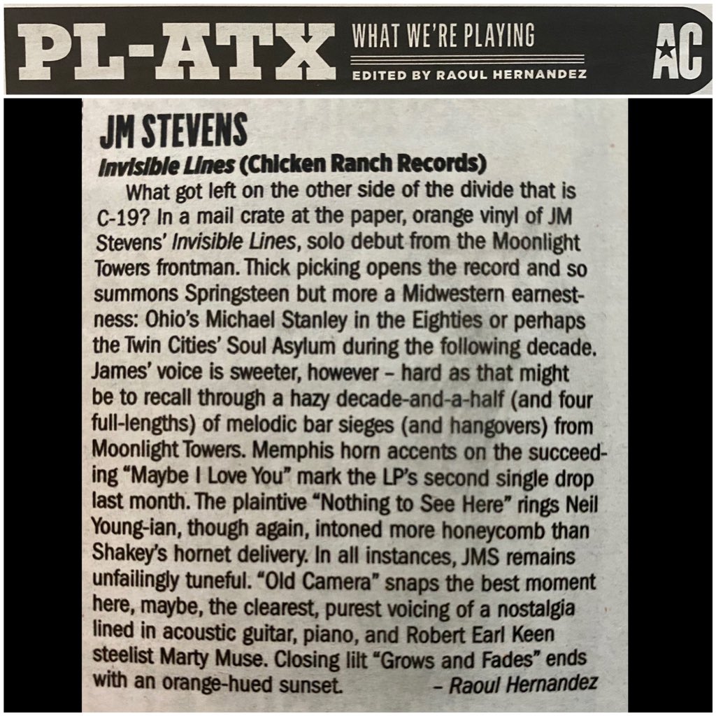 jmstevensmusic's tweet photo. I feel really honored. Thank you @ChroniclyRaoul and @AustinChronicle for the kind words about my album!
Listen at: https://t.co/lg7aQMfUAM
@chickenranch #jmstevens #invisiblelines https://t.co/BIfetPytPc