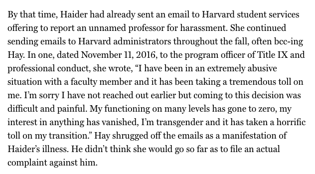 9. The Title IX case at Harvard that resulted from Mischa Haider’s 2018 complaint against him “had ended in late 2019”. I haven’t been able to find any follow-up coverage on the Title IX case. Excerpts from the original article about the case: http://archive.is/BY2Mr 