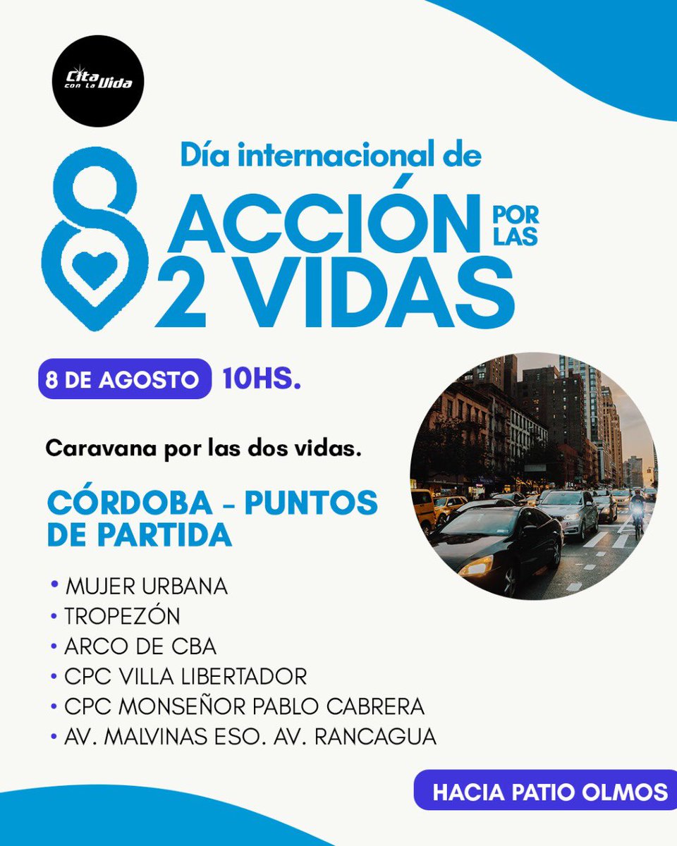 CitaConLaVida's tweet image. En el marco del “Día Internacional de Acción por las 2 Vidas” y las IGLESIAS EVANGÉLICAS de la Ciudad de Córdoba junto a la RED PROVIDA CÓRDOBA, marcharemos en CARAVANA AUTOMOVILÍSTICA desde 6 diferentes puntos de la ciudad, hacia la Ex Plaza Velez Sarfield.