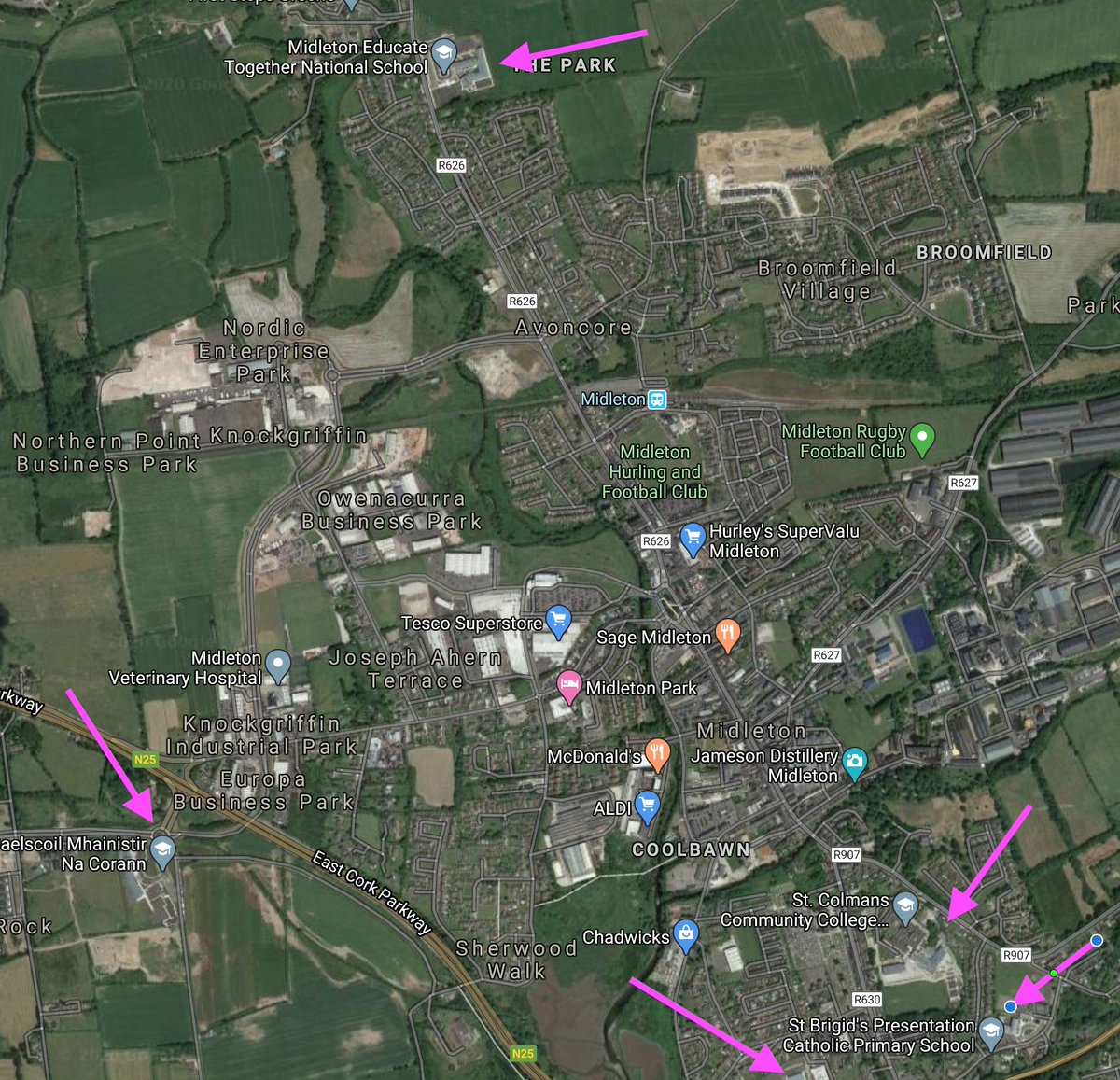 Here's the main ones, two of them brand new (with no real cycling infra), and 3 others, some recently extended.The objective here would be to ensure anyone above a certain age could safely cycle between them - and in turn to any road, while also being connected to said greenway