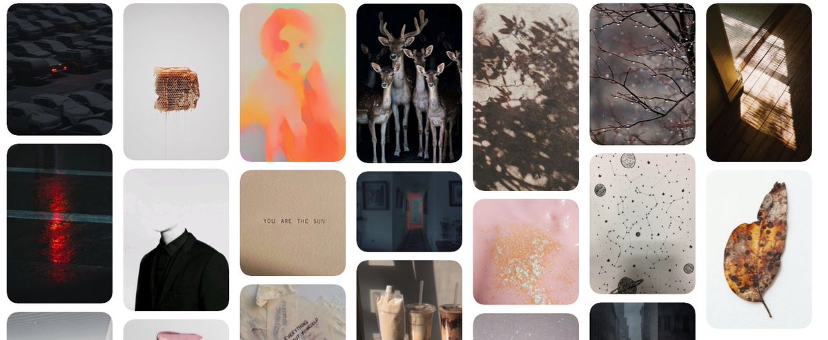 For example, I made this quick moodboard of pics that just ~vibe~ with my OC Cal. It helped me realize some motifs that get his character across: soft neutral colors, the season of fall, vague/blurry dreamlike forms, coffee LOL, glimpses of slightly darker/more ominous themes.
