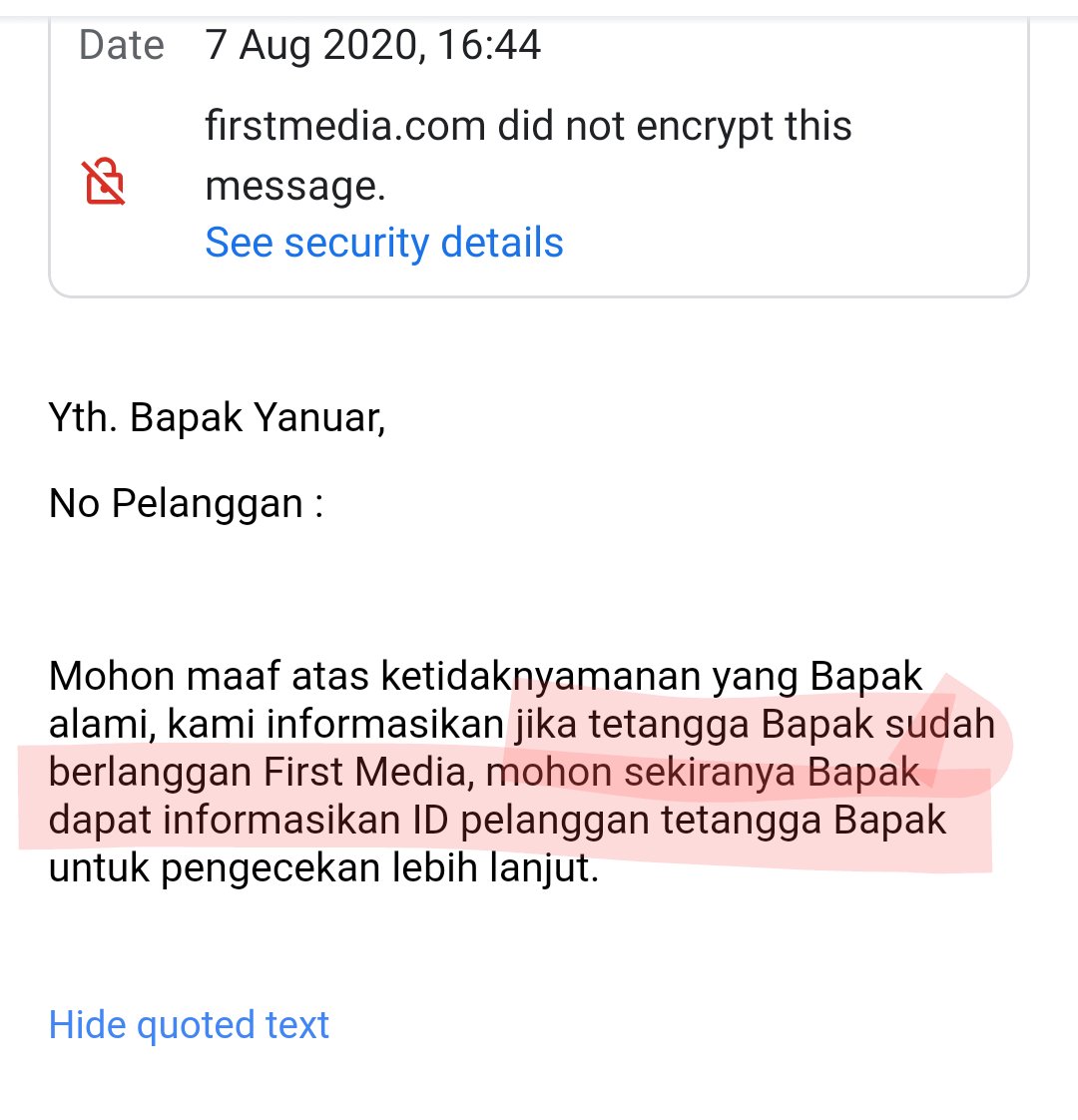 yan27th's tweet photo. @TokopediaCare Saya mengajukan pasang internet first media melalui app @tokopedia, tapi lebih dr 3 hari kerja tdk ada tanggapan dari mereka. Malah saya yg aktif bertanya ke @FirstMediaCares &amp; email. Jawaban email mereka terkesan konyol, apa mereka tidak punya database pelanggan? https://t.co/oXLtNjvvi7