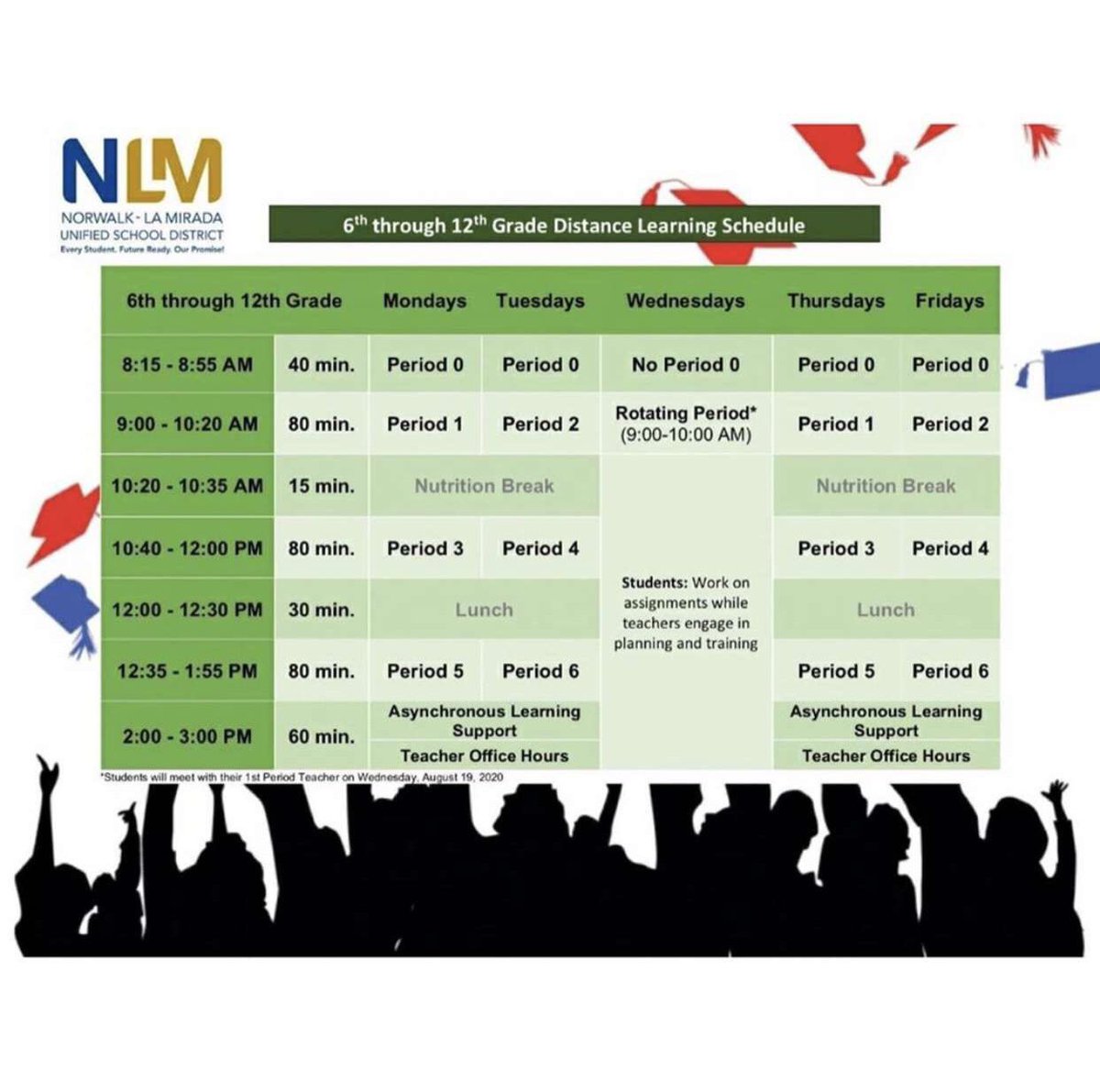 The images explain the school schedule for La Mirada High School for the coming weeks. Please note the block schedule for Thursday, August 13 and Friday, August 14 as well as the weekly block schedule beginning Monday, August 17. 
#weareLM