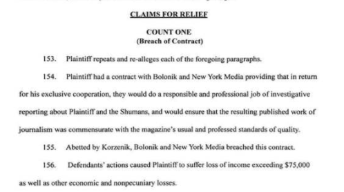 10. Finally got to the details of what the lawsuit is about on p. 47. 1. Breach of Contract2. Bad Faith3. Defamation4. Sexual HarassmentHay claims “loss of income exceeding $75,000, as well as other economic and nonpecuniary losses."