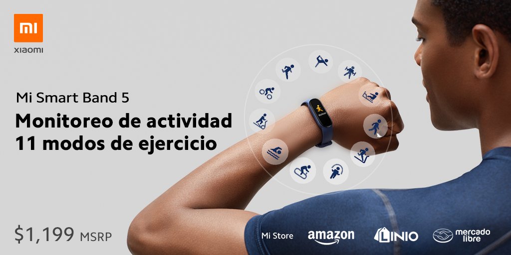 XiaomiMexico's tweet photo. Alcanza tus metas, monitorea y analiza tu ejercicio con nuestra Mi #SmartBand5 y sus 11 modalidades deportivas. 
Amazon: https://t.co/IHFTHX8FAC
Mercado Libre: https://t.co/01lSBnHBNw 
Linio: https://t.co/jbu7EYfGdx https://t.co/CAkEwFhgje