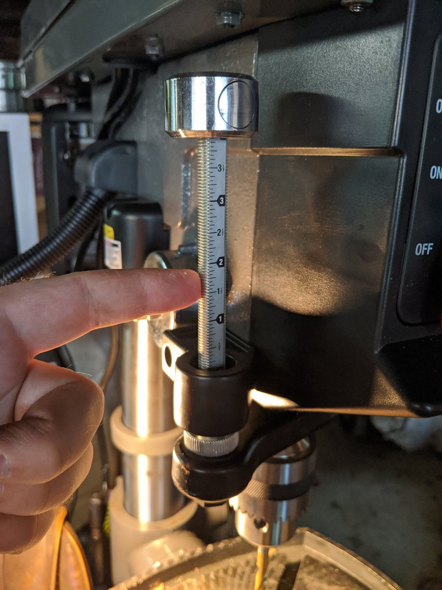 Fortunately this drill press has a depth gauge that we can use to make repeatable depths: